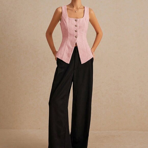 Baby Pink Casual Women's Sleeveless Scooped Back Tweed Top - Picture 5 of 7